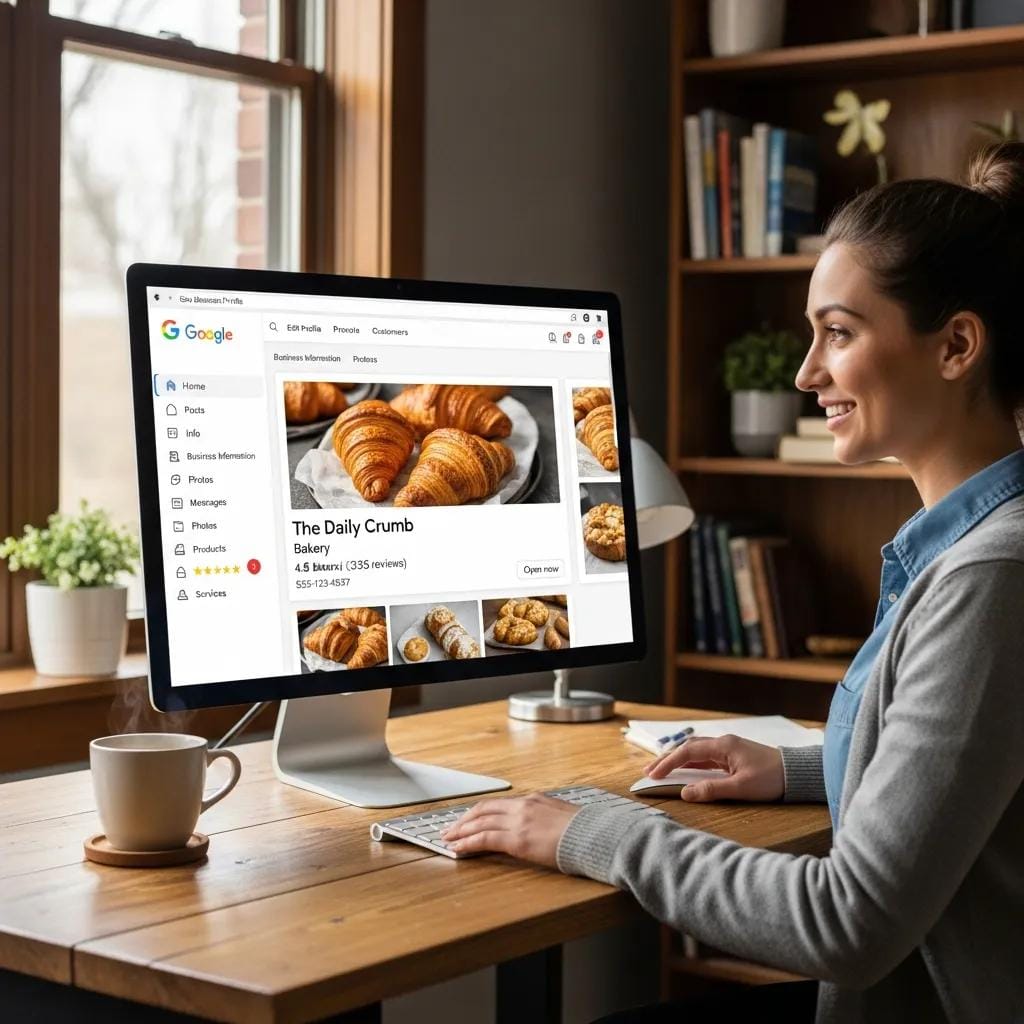 Business owner optimizing Google Business Profile in a cozy office setting