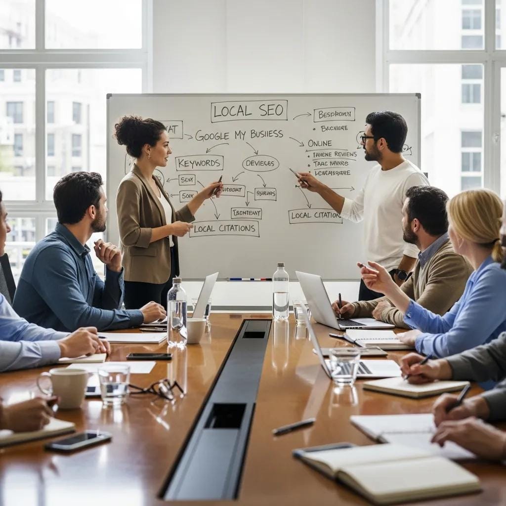Small business owners collaborating on effective local SEO strategies in a conference room