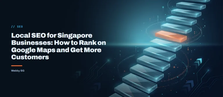 Rising glass steps with one orange step, the cover of Webby SG’s local SEO guide for Singapore