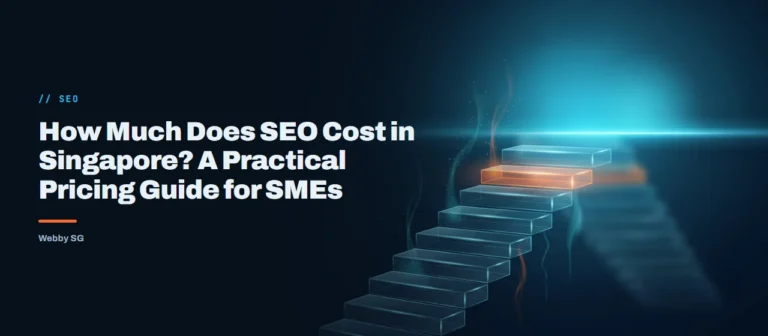 Glowing glass staircase with one orange step, the cover of Webby SG’s SEO pricing guide