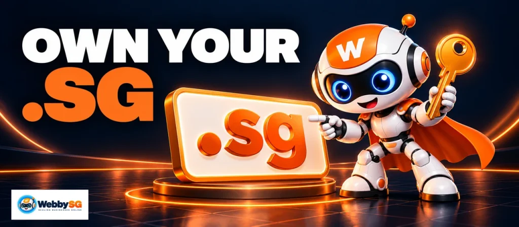 Webi holding an ownership key beside a .sg domain sign