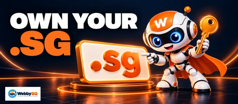 Webi holding an ownership key beside a .sg domain sign
